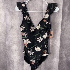 Women's Size Small(4-6) Floral Black V-Neck Full Coverage Swimsuit NWT Island
